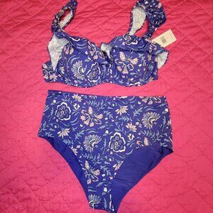 Vineyard Vines Blue Floral Ruffle Bikini Set, Size Small, NWT